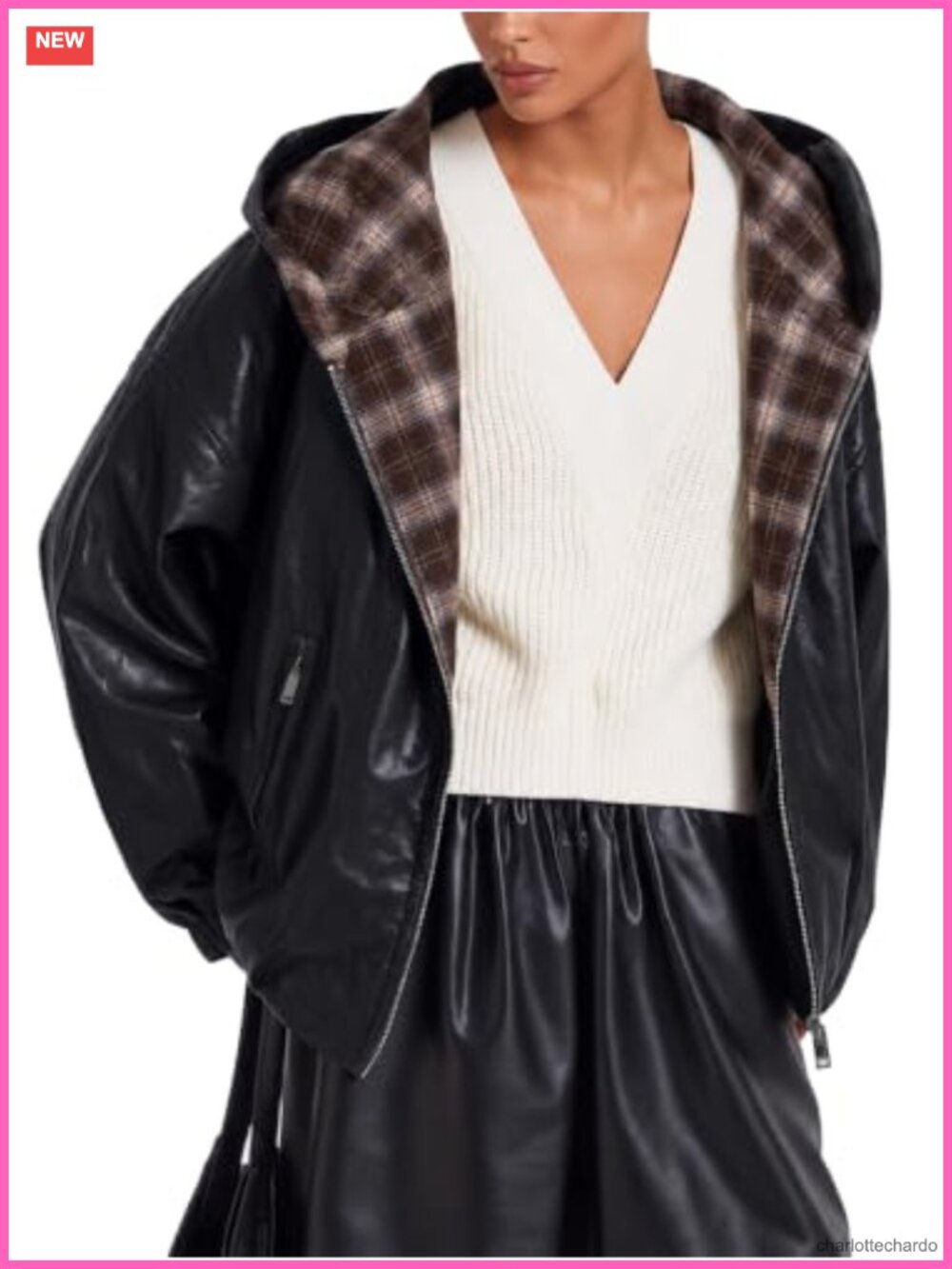 Faux Leather Cropped Moto Jacket Hooded Plaid Lined Zip Pockets